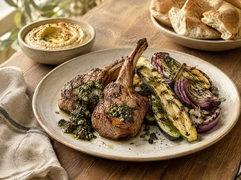 Plated lamb chops with mint chimichurri, grilled zucchini and warm pita