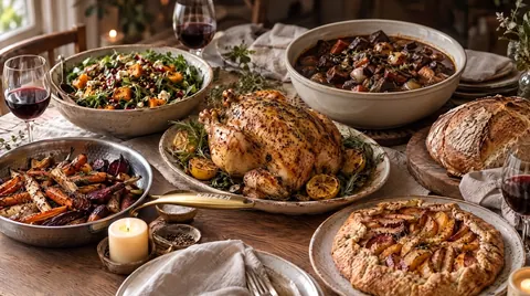 Seasonal dinner spread with chicken, stew, bread, salad and vegetables in a Kaizen pan