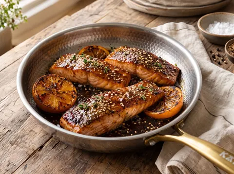 Honey glazed salmon with sesame seeds and charred citrus in a Kaizen pan