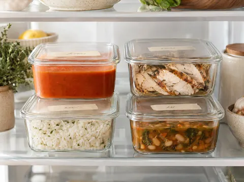 Labeled glass containers of soup, roast chicken and rice on a refrigerator shelf