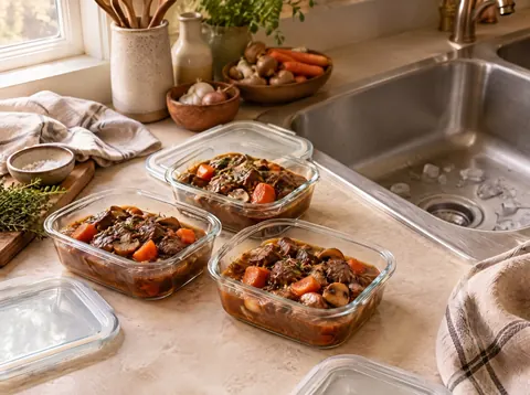 Cooked food divided among shallow storage containers for prompt refrigeration