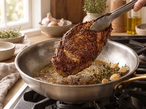 Steak browning in a Kaizen titanium pan with a gold handle
