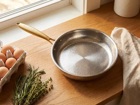 Fried eggs in a Kaizen titanium pan with a gold handle and patterned silver cooking surface