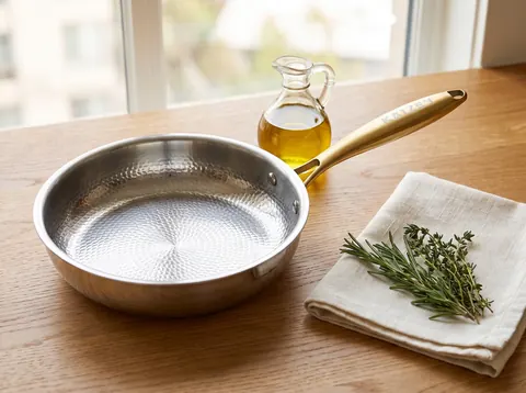 Seared scallops in a Kaizen pan beside cooking oil, herbs and a folded towel