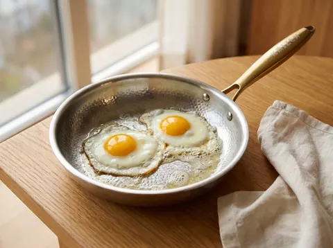 Eggs cooking gently in a Kaizen titanium pan with a gold handle