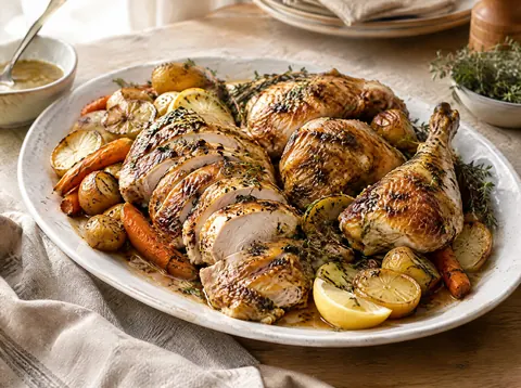Carved roast chicken breast slices and thighs on a platter with roasted carrots and pan sauce
