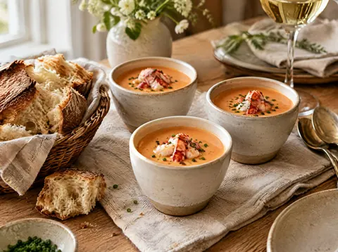 Small cups of lobster bisque served as a first course with crusty bread
