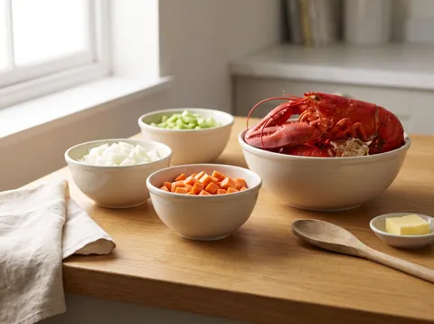 Lobster shells and chopped aromatics in ceramic bowls before making stock