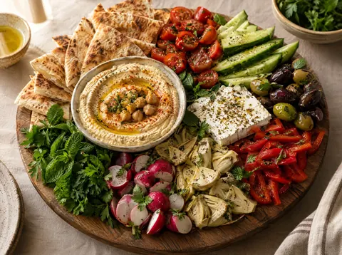 Mediterranean mezze platter with hummus, feta, olives, fresh vegetables and warm pita wedges