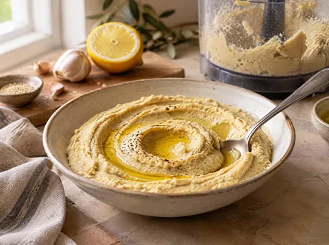 Hummus being swirled with olive oil in a shallow bowl before going on the platter