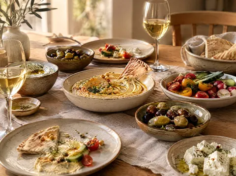 Guests sharing a mezze spread with hummus, pita and olives on a summer table