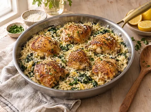 Chicken and orzo with herbs in a Kaizen titanium pan