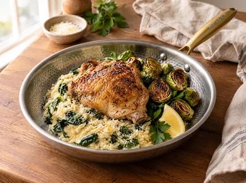 Chicken and orzo plated for serving with a Kaizen pan in the background