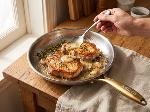 Pork chops being basted with butter in a Kaizen titanium pan