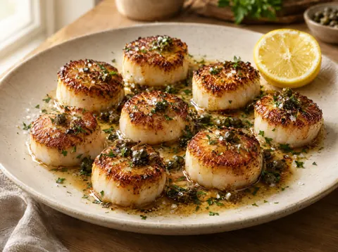 Pan seared scallops with deep golden crusts in brown butter with crisp capers and parsley