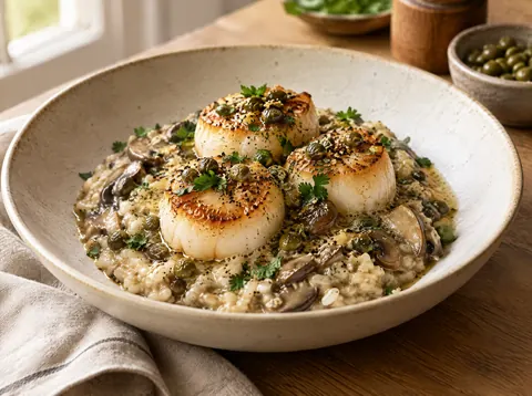 Three seared scallops on creamy mushroom risotto with brown butter spooned over