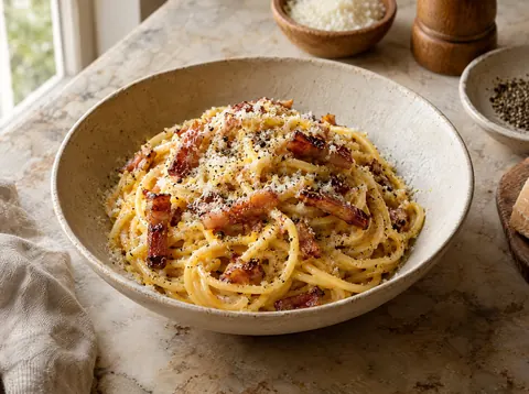Bowl of spaghetti carbonara with crisp guanciale, grated pecorino and cracked black pepper