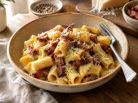 Close view of rigatoni carbonara showing guanciale pieces and silky egg sauce