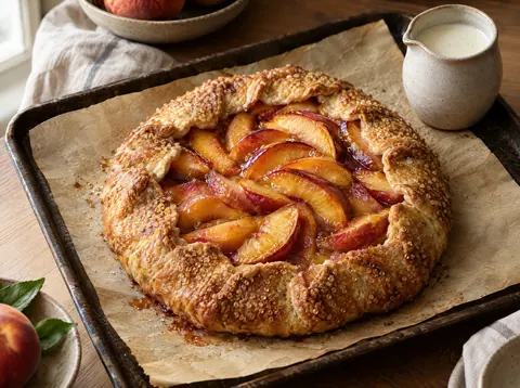 Golden peach galette with pleated sugared crust and glossy peach slices on parchment