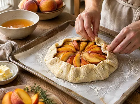 Hands folding pastry edges over sliced peaches to form a peach galette