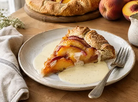 Slice of warm peach galette on a plate with a pool of vanilla cream