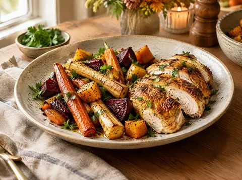 Roasted carrots, parsnips and beets served beside sliced roast chicken on a dinner plate