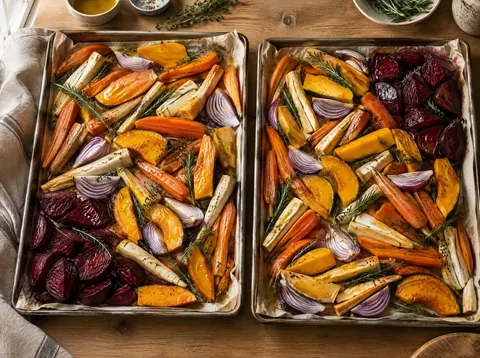 Root vegetables spread in a single layer on two sheet pans with rosemary and thyme