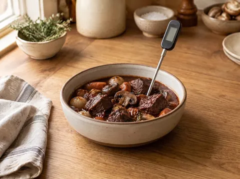Food thermometer checking reheated stew in a ceramic bowl