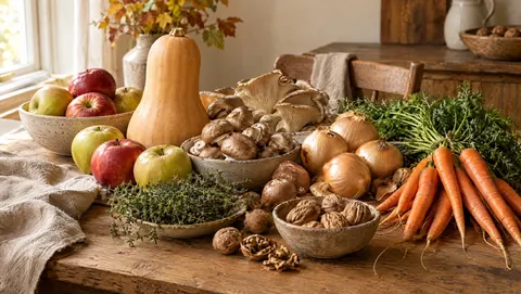 Autumn produce still life with butternut squash, apples, mushrooms, onions and thyme on an oak table