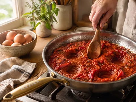 Wells being made in tomato sauce for shakshuka in a Kaizen pan