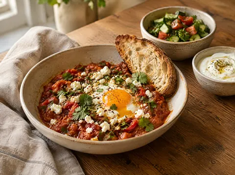Bowl of shakshuka with a jammy egg, feta, a slice of toasted sourdough and a cucumber tomato salad