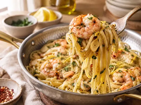 Fork lifting shrimp scampi pasta from a Kaizen titanium pan