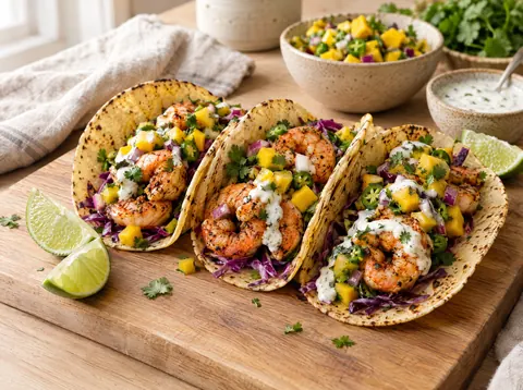 Three shrimp tacos with mango salsa, purple cabbage and lime crema on corn tortillas