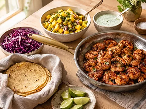 Shrimp taco spread with salsa, tortillas and a Kaizen pan of cooked shrimp