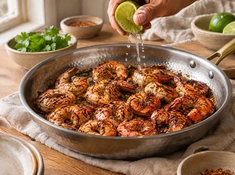 Spiced shrimp searing in a Kaizen pan for tacos