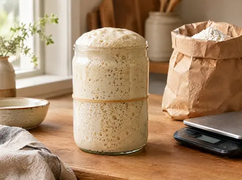 Glass jar of bubbly sourdough starter that has doubled past a rubber band marker