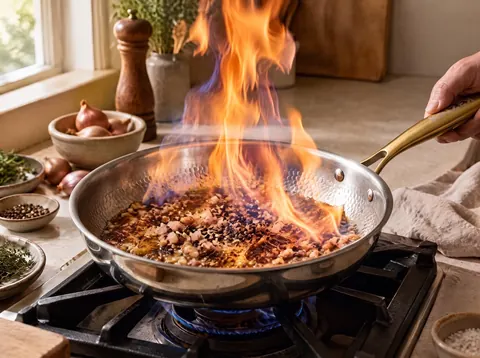 Peppercorn pan sauce cooking in a Kaizen titanium pan