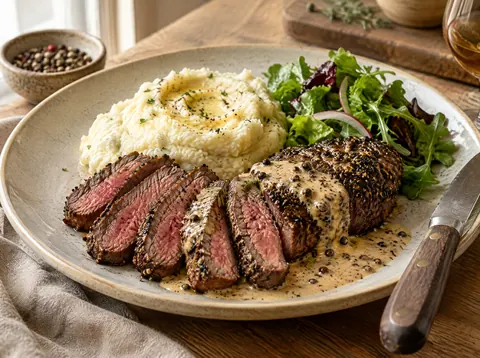 Sliced steak au poivre with a rosy medium rare center beside garlic mashed potatoes
