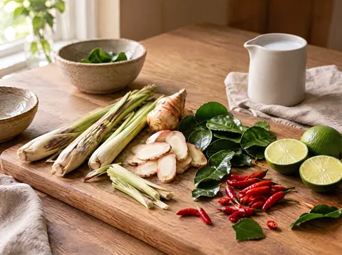 Thai soup aromatics and coconut milk in a small ceramic jug on a counter