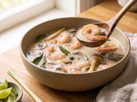 Thai coconut soup with shrimp served in a ceramic bowl with lime and lemongrass