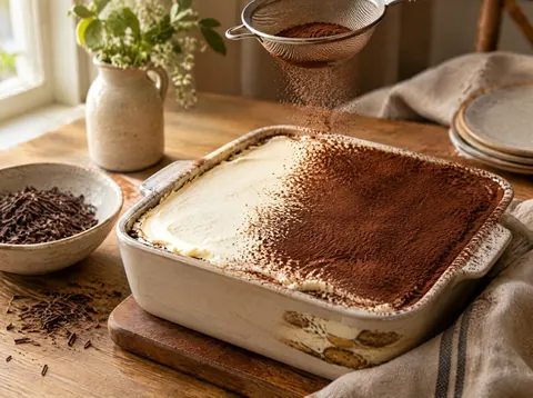 Cocoa powder being sifted evenly over a dish of tiramisu before serving