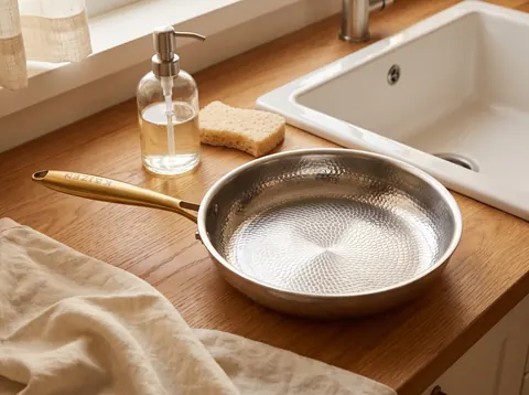 Clean Kaizen pan beside dish soap and a soft sponge at a kitchen sink
