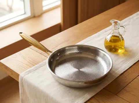 Small glass cruet of cooking oil beside the patterned surface of a Kaizen pan