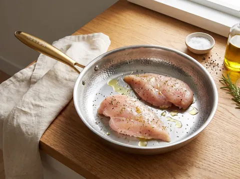 Chicken cutlets spaced apart on the flat cooking area of a Kaizen pan