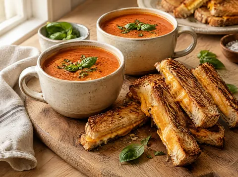 Tomato soup served in mugs with golden grilled cheese sandwiches cut into strips