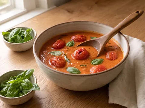 Creamy tomato basil soup in a ceramic serving bowl with fresh basil