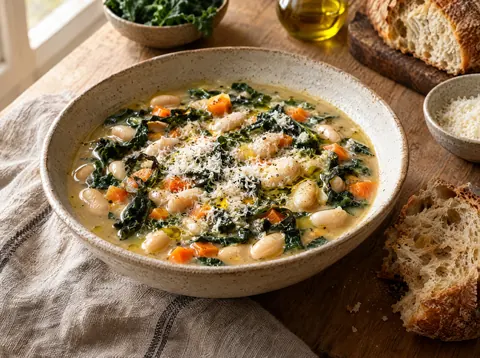 Bowl of Tuscan white bean soup with kale ribbons, olive oil and grated Parmesan