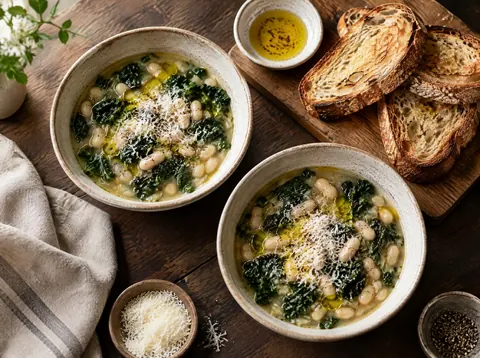 Two bowls of white bean and kale soup served with toasted sourdough slices