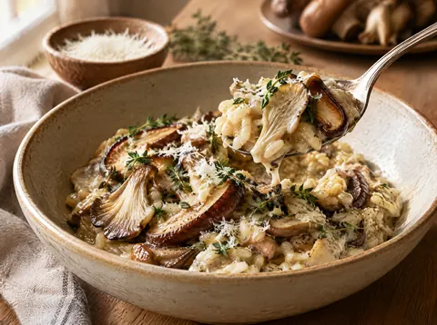 Spoonful of wild mushroom risotto showing tender rice grains in a glossy sauce