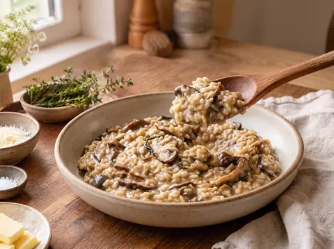 Spoon lifting creamy mushroom risotto from a ceramic serving bowl